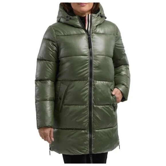 NEW Hunter Women's XS Mid Length Puffer Coat Olive Green Full Zip Hooded - Picture 1 of 13